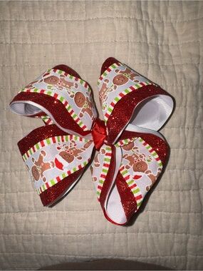Gingerbread Holiday Hair Bow - Red & White